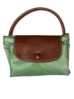 Longchamp Mini Le Pliage Top-Handle Bag in Light Green and Brown Leather